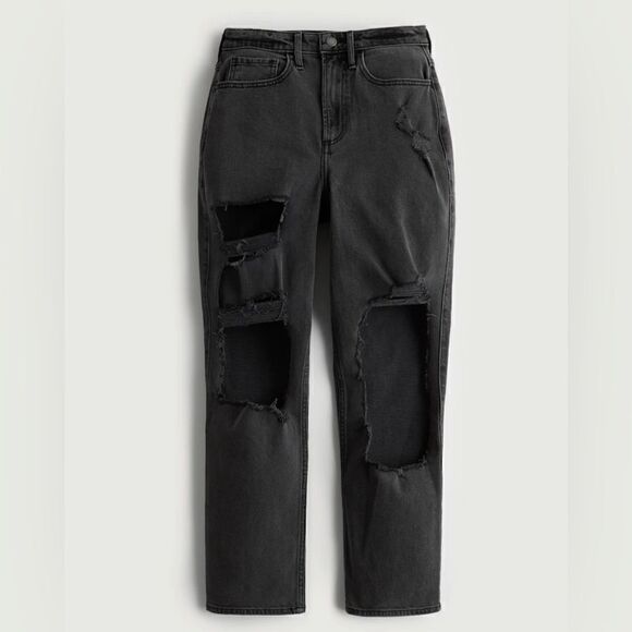 Denim - Hollister curvy ultra high rise vintage straight leg ripped black jeans, size 27